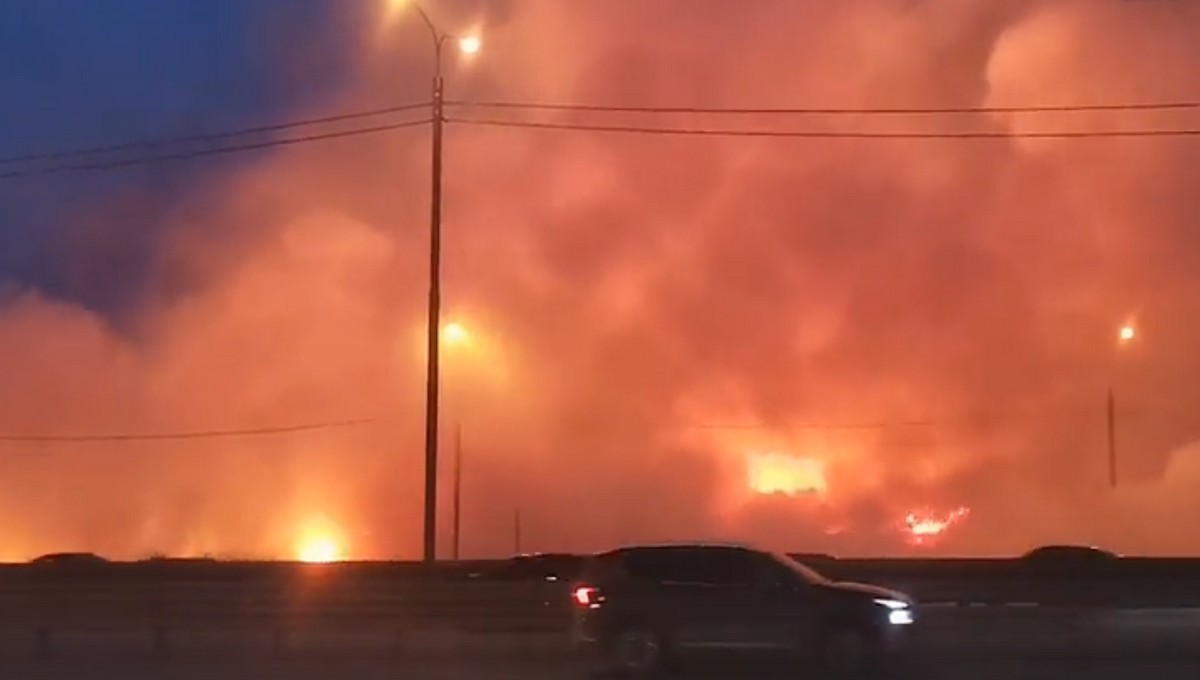 Мощный пожар вдоль трассы М 2 в Подмосковье едва не добрался до АЗС